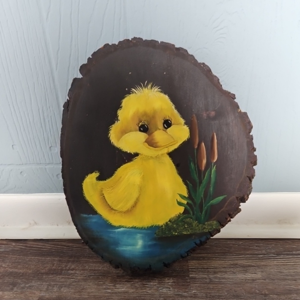 Cute Original Oil Painting of Adorable Yellow Duck on Live Rustic Wood Slab